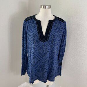 Lucky Brand Womens Plus 1X Blue Black Embroidered V Neck Long Sleeve Boho Blouse